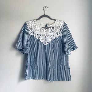 Blue stripe and lace flowy top